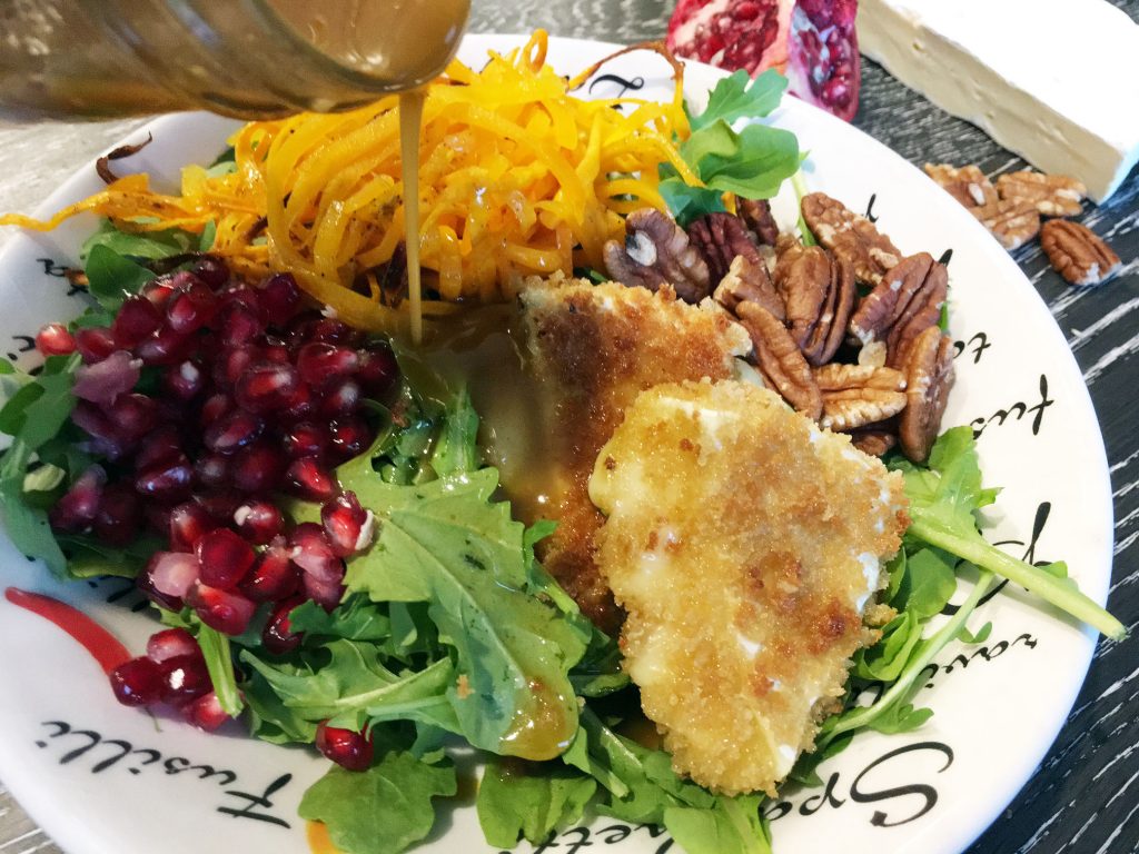 Winter Salad with Butternut Squash, Pomegranate and Fried Brie